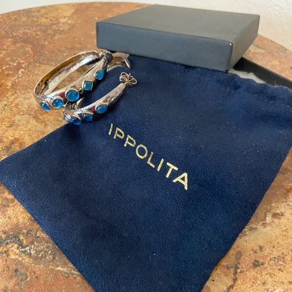 Ippolita Authentic Sterling Silver large hoops blue Topaz🩵